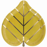 Leaf paper party plates in sage olive green decorated with metallic gold accents