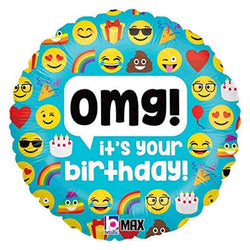 OMG It's Your Birthday Foil Balloon with a bunch of cool emoji icons!