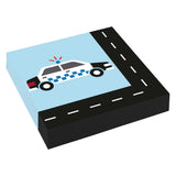 Road theme paper napkins with emergency pooilice vehicles in blue, black and red and white