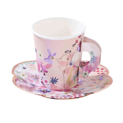 Tea Party Paper Cups and Saucers in a pretty floral design in pink, blue, purple and rose gold trim