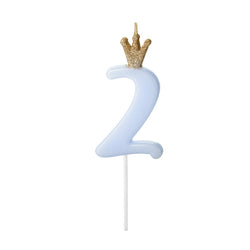 Pastel light blue number 2 balloons with glitter gold crown on top on a plastic pick for cakes, cupcakes and more!