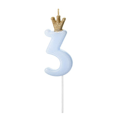 Pastel blue number 3 candles with a glitter gold crown on a stick for cakes or cupcakes