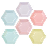 Hexagon shaped pastel party paper plates in lilac, blue, yellow, coral, mint green and pink