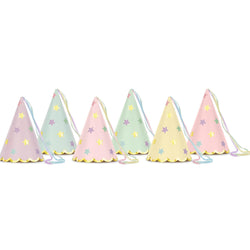 Pastel Paper Party Hats in pink, green, lilac, yellow and blue with stars and satin ribbon tassels