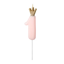 Pastel pink number 1 balloons with glitter gold crown on top on a plastic pick for cakes, cupcakes and more!