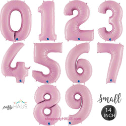 Small 14 IN Pastel Pink Number Foil Balloons.  Numbers 0, 1, 2, 3, 4, 5, 6, 7, 8, 9, 0