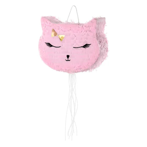 Kitty Cat Pinatta with pink fringe crepe, black eyelashes and gold bow