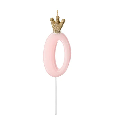 Pink number 0 cake candle with gold glitter crown and on a plastic pick