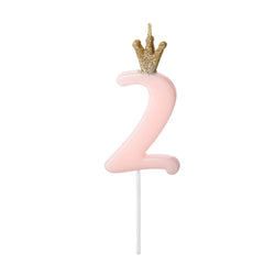 Pastel pink number 2 balloons with glitter gold crown on top on a plastic pick for cakes, cupcakes and more!