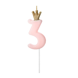 Pastel pink number 3 balloons with glitter gold crown on top on a plastic pick for cakes, cupcakes and more!