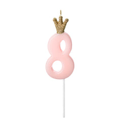 Pink number 8 cake candle with gold glitter crown and on a plastic pick