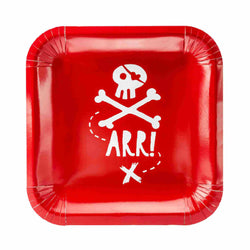red pirate party paper pates with white skull and cross bones and Arr! print