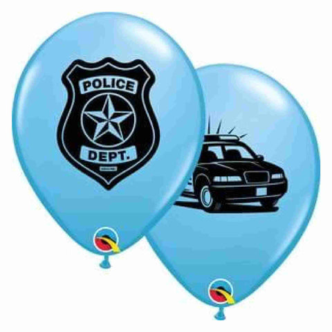 Blue police department latex balloons with black badge and police car print