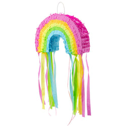 Rainbow pinata i pink, orange, yellow, green and blue with crepe paper and ribbon tassel tail