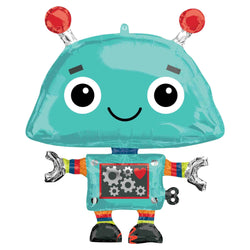 Darling Robot Party Balloon in Teal with smiley face