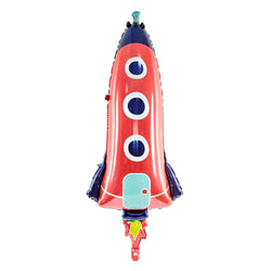 Sleek red and blue rocketship baloon in 45 inch with fire coming out of the booster