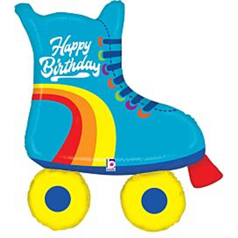 Blue Roller Skate Balloon with "Happy Birthday" print and an 80's style rainbow