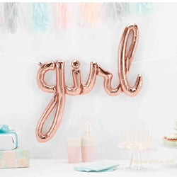 Rose Gold balloon with girl in script font