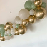 Organic Latex Balloon Garland in Eucalyptus, Sand White and Gold Chrome