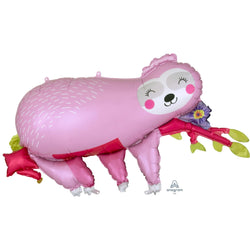 pink sloth balloon - sloth smiling with eyes closed on branch with flower