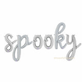 "spooky" balloon banner in silver script letters