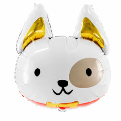 Dog head balloon with gold ears, spotted eye with a red collar and a gold bone