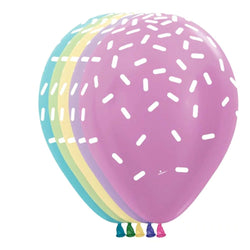 Sprinkles printed latex balloons in pastel blue, green, yellow, lilac purple and pink