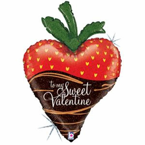 Glitter balloon in the shape of a strawberry with chocolatte dipped "To my sweet Valentine" message