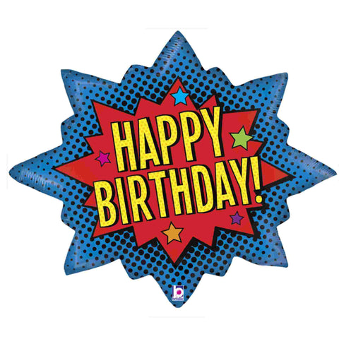 32 inch superhero happy birthday foil balloon in red yellow and blue burst