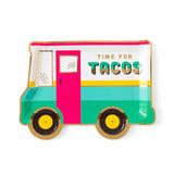 Bright and fun taco truck plate in pink, yellow, teal blue , black, white, gold and green with "Time for Tacos" printed message