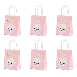 Pink halloween treat gift bags with gold boo and white cute skeleton print