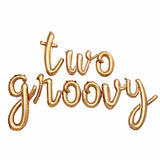 two groovy party banner in gold script letter balloons