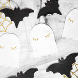 White ghost paper halloween napkins, black bat napkins and gold cobwebs