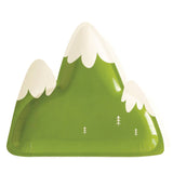 Green mountain shaped paper party plates with trees and white snow capped peaks