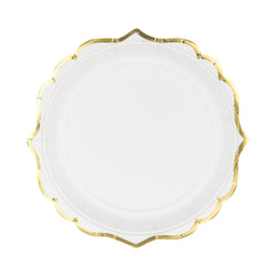 White Paper Party Plates With Metallic Gold Trim and Pretty Scallop Edging