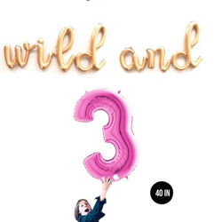 Wild and 3 birthday party balloons in gold and pink