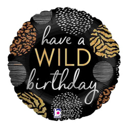 18 Inch black animal print balloon with silver, gold and copper animal prints and a message that says: "have a wild birthday"