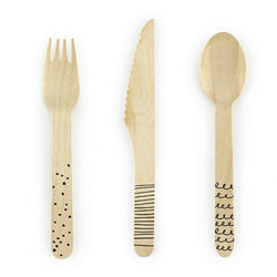 Natural wood party knives, spoons and forks with black design