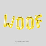 woof balloons in gold letters